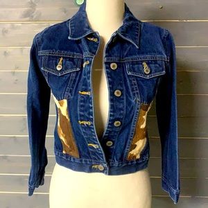 GAP denim jacket with brown cow print embellishments